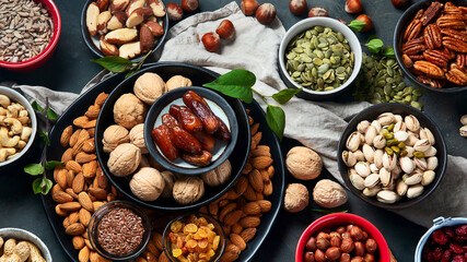Different types of nuts, seeds and dried fruits