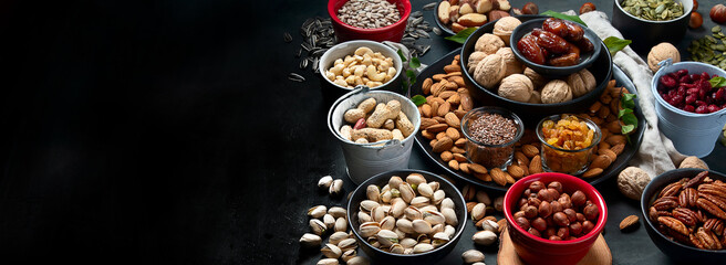 Different types of nuts, seeds and dried fruits - obrazy, fototapety, plakaty