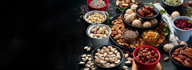 Fotobehang Different types of nuts, seeds and dried fruits © bit24