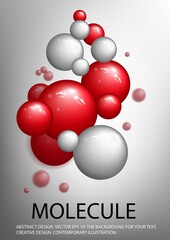 Red and silver 3D balls in the shape of a molecule. Vector with large, bulky bubbles.