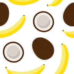 sweet whole coconut and banana tropical summer exotic fruit brown white yellow pattern on a white background seamless vector - 354828677