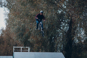 Professional young sportsman cyclist with bmx bike at skatepark