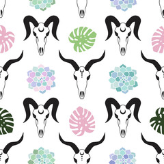 goat skulls with succulent and green and pink monstera plant on a white background seamless pattern demon satan vector - 354828884