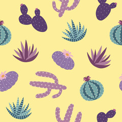 pink, purple and blue house plants cactus peyote haworthia aloe sansevieria seamless pattern on a yellow background summer fashion print vector - 354829003