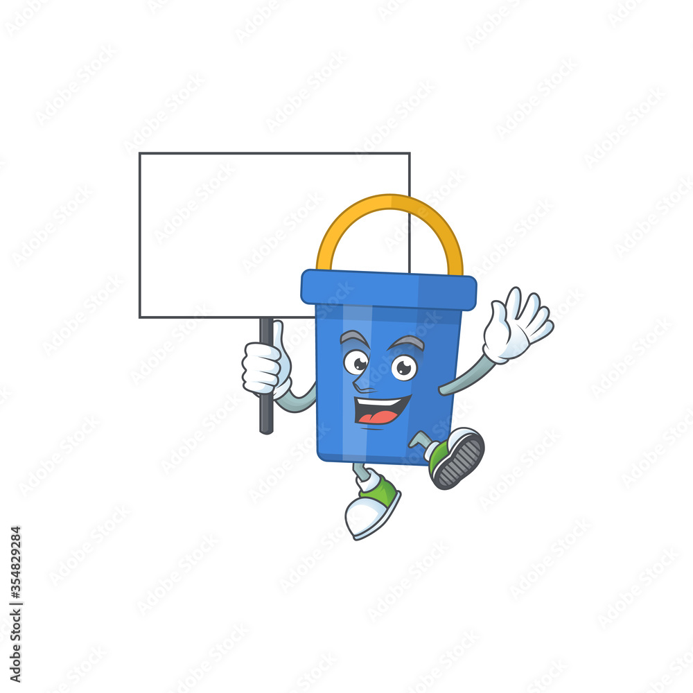 Poster Cute blue sand bucket mascot design smiley with rise up a board