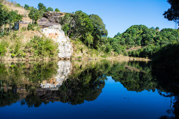 Natural lake on mountain with clear reflection of mountain and on lake of Cherrapunji in Meghalaya, North East India
