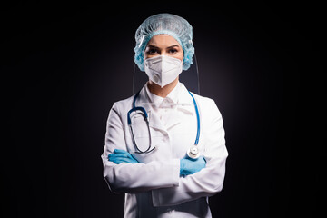 Photo of serious infection disease doc experienced professional arms crossed wear medical...