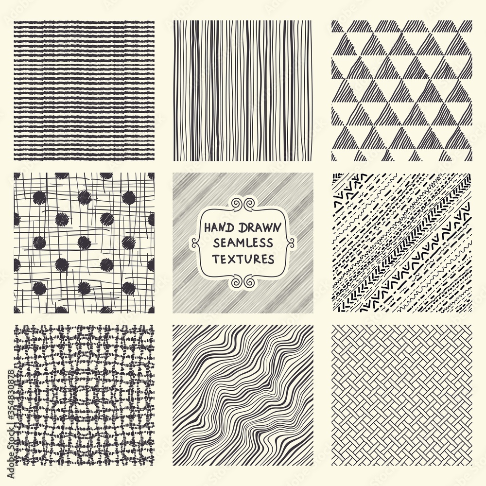 Aufkleber set of nine seamless hand drawn texture designs for backgrounds. doodle pattern. vector illustration