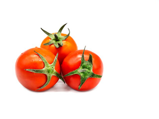 Fresh tomatoes with water droplet on peel isolated on white background.