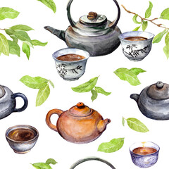 Tea pattern with asian teapot, cups, green leaves. Watercolor. Seamless background with chinese oriental pottery and leafs branch