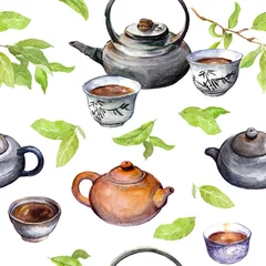 Wall murals Tea Tea pattern with asian teapot, cups, green leaves. Watercolor. Seamless background with chinese oriental pottery and leafs branch
