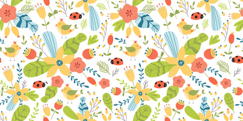 Summer floral cute insects seamless pattern. Flower leaf branch berry hand drawn elements Graphic bright illustration