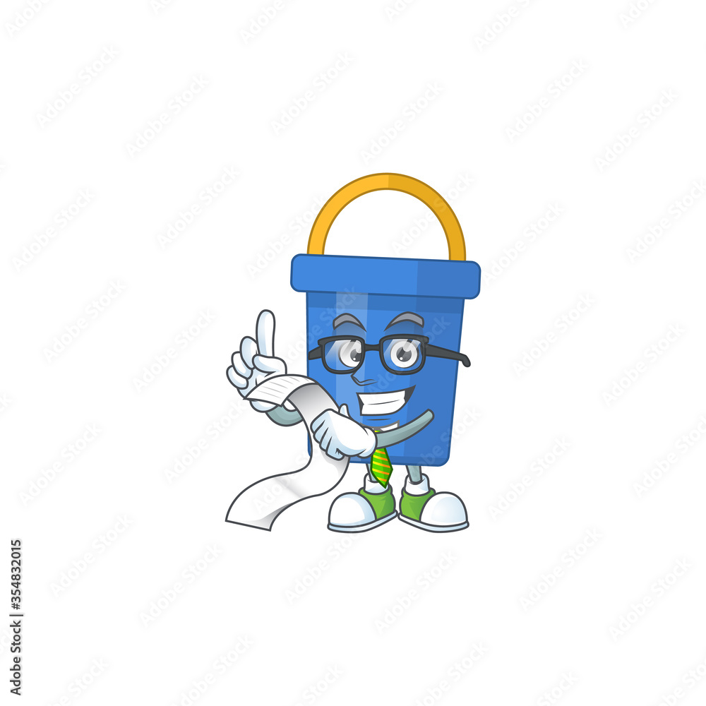 Sticker cartoon mascot design of blue sand bucket holding a menu list