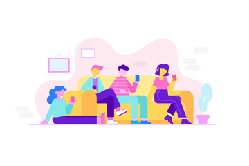 Gadget addicted people concept. Group of friends use their smartphones sitting on the couch together. Online news, play games, social media, internet. Modern flat style vector illustration