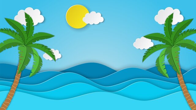 Sea view on clear sky. paper cut and craft style. tropical palm tree on the beach. blue sea waves white air clouds paper art style of cover design. Vector illustration