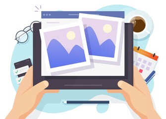 Photo picture online album and digital gallery watching on website or internet electronic photography images files on digital tablet computer network vector flat cartoon illustration