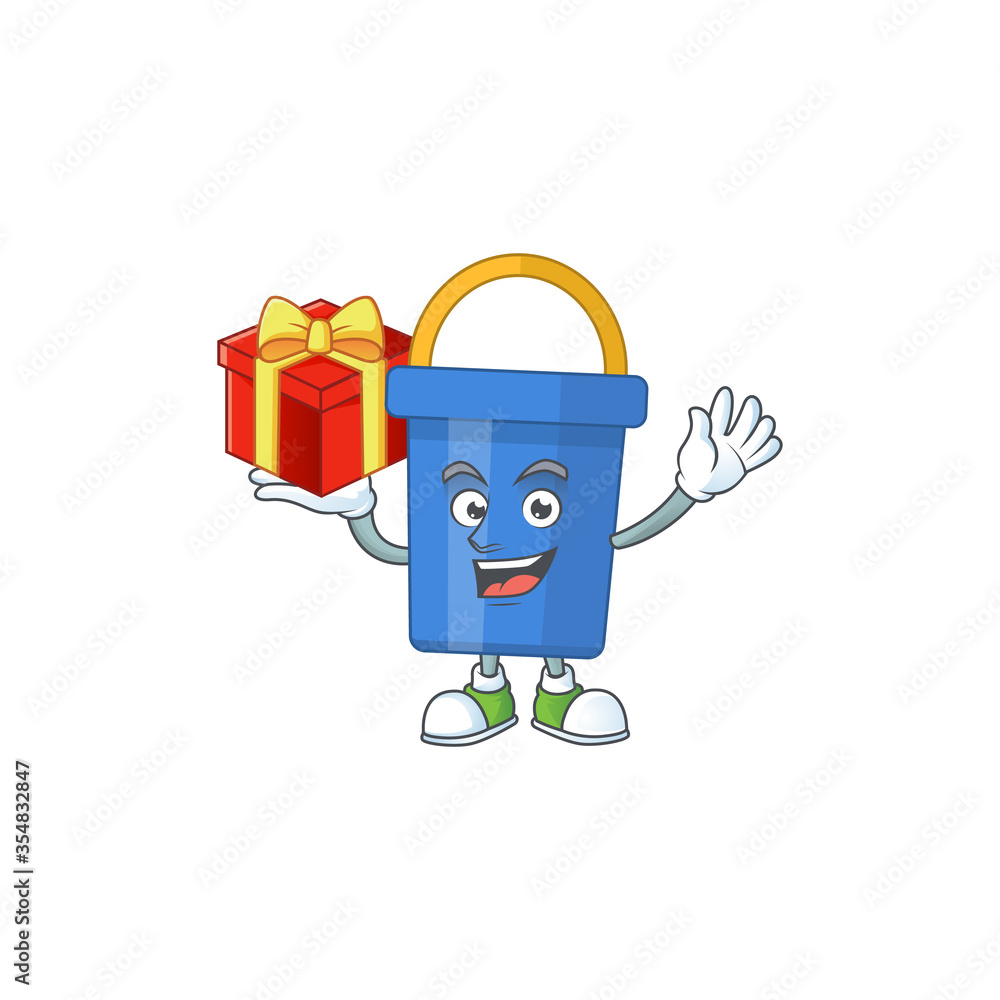 Sticker blue sand bucket cartoon mascot concept design with a red box of gift