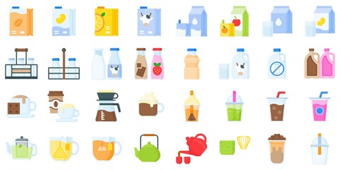 Fototapeta premium Beverage icon set, flat style vector illustration