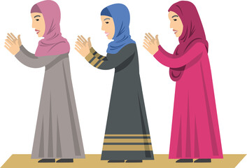 Muslims. Women in traditional Muslim clothes pray, stand on the carpet. Flat illustration in vector style. Flat infographic