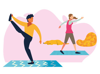 couple doing stretching and strength exercise in living room