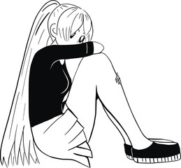 Sad anime girl sitting on the floor. Line art vector illustration.
