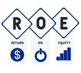 ROE - return on equity word lettering illustration with icons for web banner, flyer, landing page, presentation, book cover, article, etc.