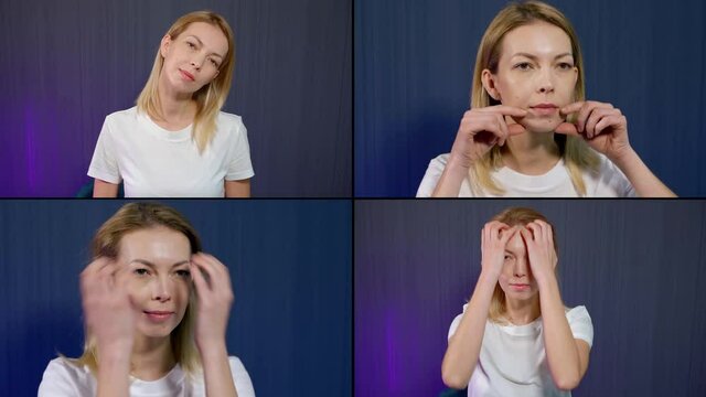 Collage portrait of a young blonde girl who on a blue background in the Studio shows how to do face exercises, pumps facial muscles, face and head massage. Stretches the neck.