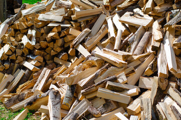 A pile of wood for kindling. Big pile of firewood. Deforestation, forest clearing, in the backyard and forest. 