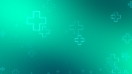 Medical health blue green cross neon light shapes pattern background. Abstract healthcare technology and science concept.