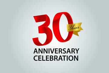 30 Year Anniversary Red Color Ribbon style with Golden Ribbon Color on Grey Background - Vector