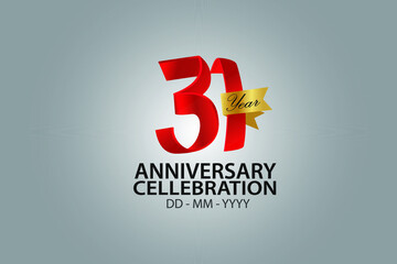 31 Year Anniversary Red Color Ribbon style with Golden Ribbon Color on Grey Background - Vector