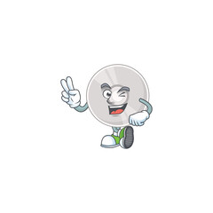 smiling compact disk cartoon mascot style with two fingers