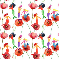 Mermaid and poppies. Seamless watercolor background for design.