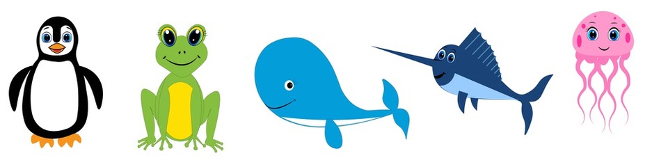 Cute animals set illustration, vector collection: farm animals,sea animals wild animals,