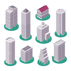 City skyscrapers. Modern city downtown, isometric 3d town buildings isolated vector illustration icons set