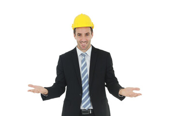 Smiling Handsome and smart engineer in black suit and wearing a yellow safety engineering hat and Spread hands for suspicious in work isolated on white background. Copy Space