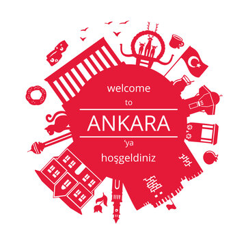 Welcome to Ankara, Turkey. Famous symbols and landmarks of Turkey. White city silhouette in the circle composition and bright red watercolor background. Round frame for greeting text or message.