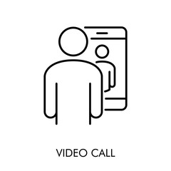 Hombre realizando vídeo llamada en teléfono inteligente. Icono plano lineal con texto VIDEO CALL en color negro