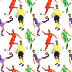 Fototapeta na wymiar Seamless pattern with soccer players. Soccer football world championship player game match soccer fans thin line icons seamless background pattern.