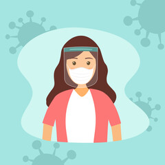 Obraz premium A young woman wearing face mask and a plastic medical face shield. Close up shot girl face wearing Covid-19 coronavirus protective mask. Virus protection equipment. Healthcare concept.