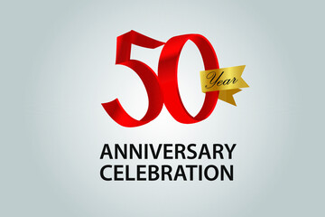 50 Year Anniversary Red Color Ribbon style with Golden Ribbon Color on Grey Background - Vector
