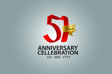 51 Year Anniversary Red Color Ribbon style with Golden Ribbon Color on Grey Background - Vector