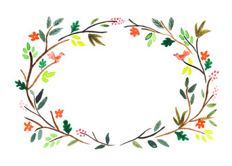 Watercolor wreath. Spring set. Frame and tree branch . Hand drawn illustration. Design for wedding invitations, greeting cards, cards.