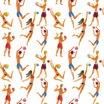 valeyball players watercolor seamless background. Sexy girls and boyes in bikini playing beach volleyball, sea and sand background, hand painted watercolor illustration.