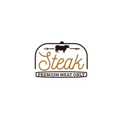 Steak restaurant logo vector with handwritten text, cow silhouette, knife and fork isolated on white background suit for original taste steak restaurant logo