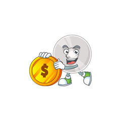 cartoon picture of compact disk rich character with a big gold coin