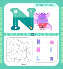 Letter N and funny cartoon bat. Alphabet a-z. Coloring page. Printable worksheet.