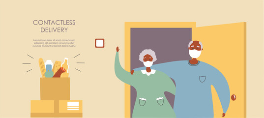 Vector illustration Grocery delivery for senior adults. Afro America couple receiving a paper bag with food near the apartment entrance. Safe delivery for elderly people. Landing page for web design.