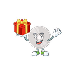 Compact disk cartoon mascot concept design with a red box of gift