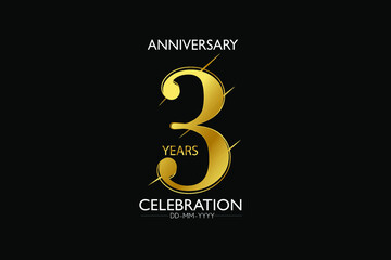 3 year minimalist logo years, jubilee, greeting card. Birthday invitation. Sign Gold space vector illustration on black background - Vector